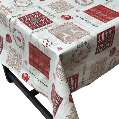 Nordic Tartan & Reindeer Christmas vinyl tablecloth – festive waterproof PVC table cover with wipe-clean surface and winter holiday design