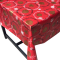 Red, Gold Baubles Christmas vinyl tablecloth – festive waterproof PVC table cover with wipe-clean surface and winter holiday design