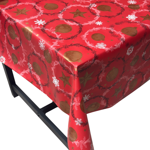 Red, Gold Baubles Christmas vinyl tablecloth – festive waterproof PVC table cover with wipe-clean surface and winter holiday design