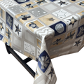 Navy & Gold Patchwork Christmas vinyl tablecloth – festive waterproof PVC table cover with wipe-clean surface and winter holiday design