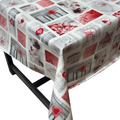 Red heart patchwork Christmas vinyl tablecloth – festive waterproof PVC table cover with wipe-clean surface and winter holiday design