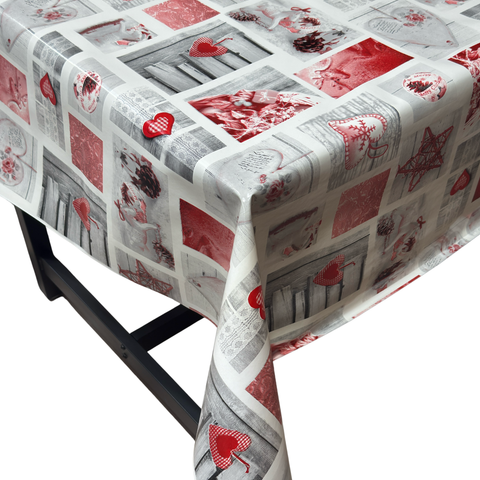 Red heart patchwork Christmas vinyl tablecloth – festive waterproof PVC table cover with wipe-clean surface and winter holiday design