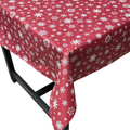 Red snowflake Christmas vinyl tablecloth – festive waterproof PVC table cover with wipe-clean surface and winter holiday design