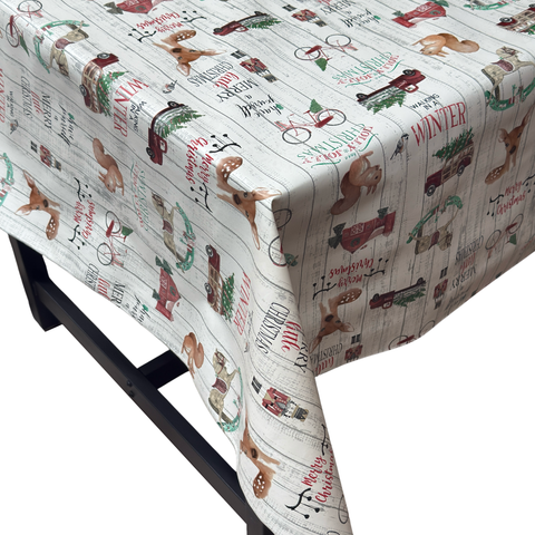 Rustic Woodland Animals Christmas vinyl tablecloth – festive waterproof PVC table cover with wipe-clean surface and winter holiday design
