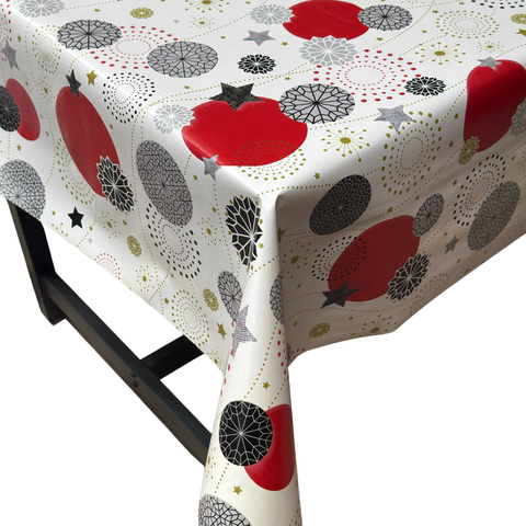 Modern Red, Black Baubles Christmas vinyl tablecloth – festive waterproof PVC table cover with wipe-clean surface and winter holiday design