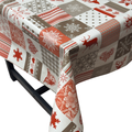 Red & Taupe Nordic Patchwork Christmas vinyl tablecloth – festive waterproof PVC table cover with wipe-clean surface and winter holiday design