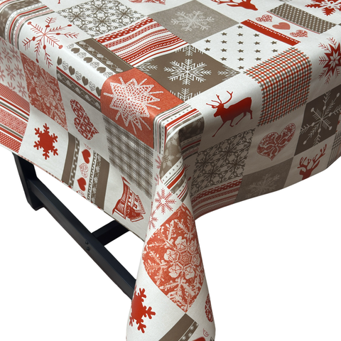 Red & Taupe Nordic Patchwork Christmas vinyl tablecloth – festive waterproof PVC table cover with wipe-clean surface and winter holiday design
