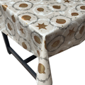 Beige, Gold baubles Christmas vinyl tablecloth – festive waterproof PVC table cover with wipe-clean surface and winter holiday design