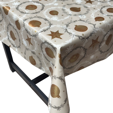 Beige, Gold baubles Christmas vinyl tablecloth – festive waterproof PVC table cover with wipe-clean surface and winter holiday design