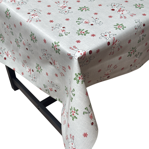 Cartoon Reindeer & Holly Christmas vinyl tablecloth – festive waterproof PVC table cover with wipe-clean surface and winter holiday design