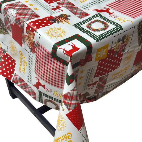 Reindeer Festive Patchwork Christmas vinyl tablecloth – festive waterproof PVC table cover with wipe-clean surface and winter holiday design