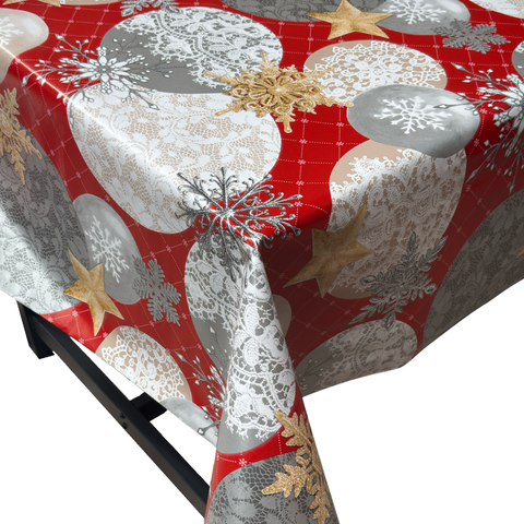 Elegant Red & Gold Lace Baubles Christmas vinyl tablecloth – festive waterproof PVC table cover with wipe-clean surface and winter holiday design