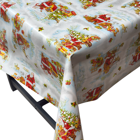 Traditional Santa Claus on Sleigh Christmas vinyl tablecloth – festive waterproof PVC table cover with wipe-clean surface and winter holiday design