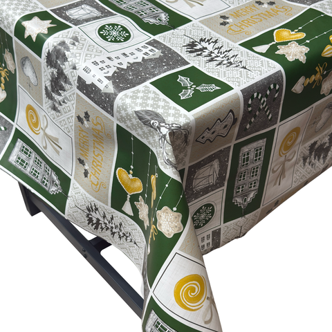 Festive Green, Yellow Patchwork Christmas vinyl tablecloth – festive waterproof PVC table cover with wipe-clean surface and winter holiday design