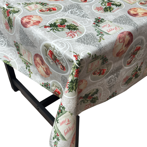 Grey Holly Christmas vinyl tablecloth – festive waterproof PVC table cover with wipe-clean surface and winter holiday design