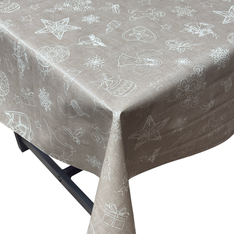 Taupe Sketch Line Christmas vinyl tablecloth – festive waterproof PVC table cover with wipe-clean surface and winter holiday design