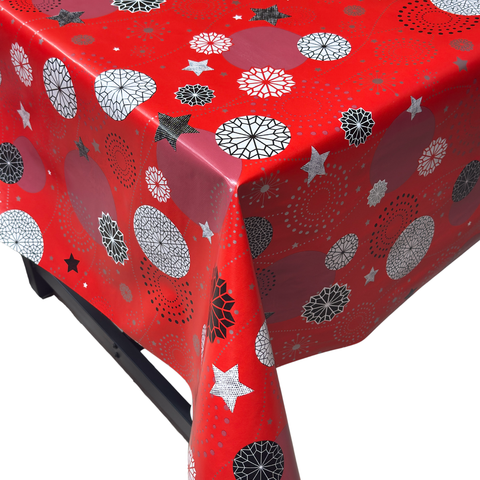 Red Baubles & Stars Christmas vinyl tablecloth – festive waterproof PVC table cover with wipe-clean surface and winter holiday design