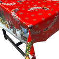 Red Santa Seligh Christmas vinyl tablecloth – festive waterproof PVC table cover with wipe-clean surface and winter holiday design