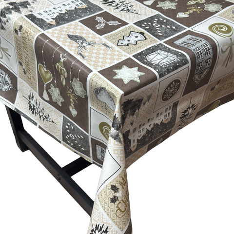Festive Neutral Patchwork Christmas vinyl tablecloth – festive waterproof PVC table cover with wipe-clean surface and winter holiday design