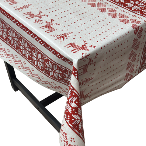 Nordic Reindeer Christmas vinyl tablecloth – festive waterproof PVC table cover with wipe-clean surface and winter holiday design