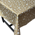 gold snowflake Christmas vinyl tablecloth – festive waterproof PVC table cover with wipe-clean surface and winter holiday design