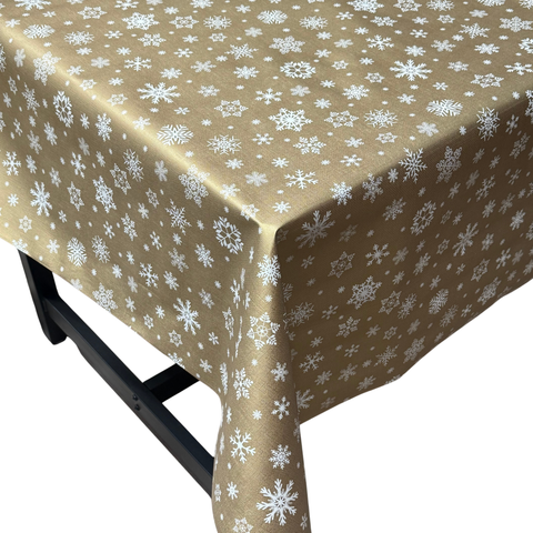 gold snowflake Christmas vinyl tablecloth – festive waterproof PVC table cover with wipe-clean surface and winter holiday design
