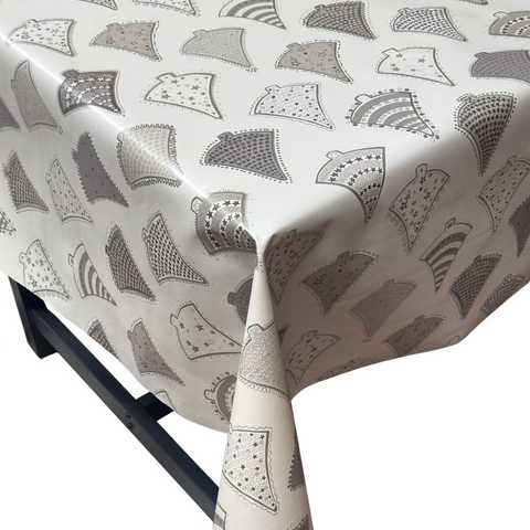 White, Silver Xmas Trees Christmas vinyl tablecloth – festive waterproof PVC table cover with wipe-clean surface and winter holiday design