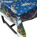 Blue Santa Sleigh Christmas vinyl tablecloth – festive waterproof PVC table cover with wipe-clean surface and winter holiday design