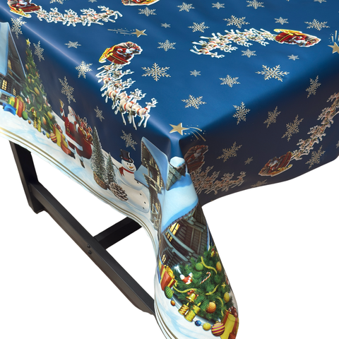 Blue Santa Sleigh Christmas vinyl tablecloth – festive waterproof PVC table cover with wipe-clean surface and winter holiday design