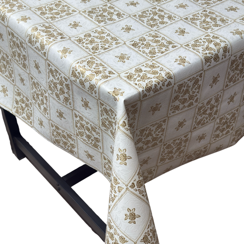 Gold Floral Damask Christmas vinyl tablecloth – festive waterproof PVC table cover with wipe-clean surface and winter holiday design