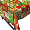 Red & Green Stitched Stockings Christmas vinyl tablecloth – festive waterproof PVC table cover with wipe-clean surface and winter holiday design