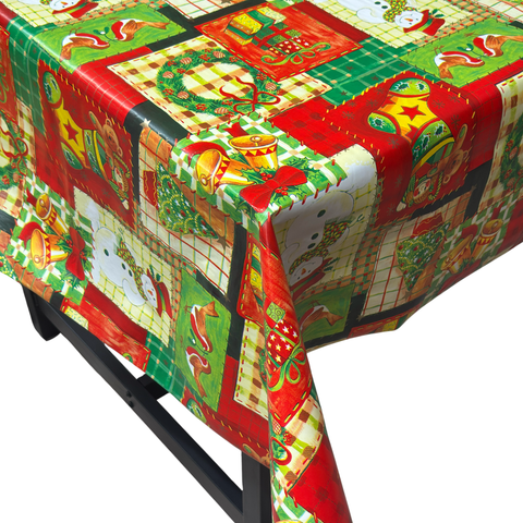 Red & Green Stitched Stockings Christmas vinyl tablecloth – festive waterproof PVC table cover with wipe-clean surface and winter holiday design
