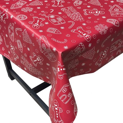 Red Gingerbread Delight Christmas vinyl tablecloth – festive waterproof PVC table cover with wipe-clean surface and winter holiday design