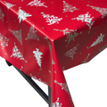 Sparkling Red Xmas Tree Christmas vinyl tablecloth – festive waterproof PVC table cover with wipe-clean surface and winter holiday design