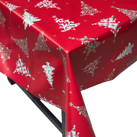 Sparkling Red Xmas Tree Christmas vinyl tablecloth – festive waterproof PVC table cover with wipe-clean surface and winter holiday design