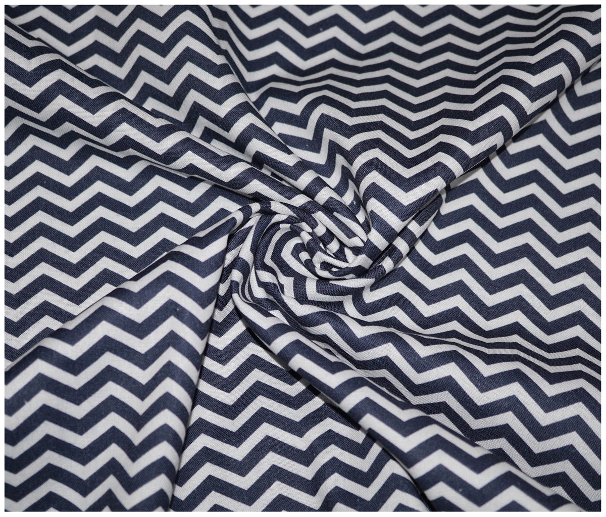 Navy Chevron Printed 100% Cotton - The Fabric Trade